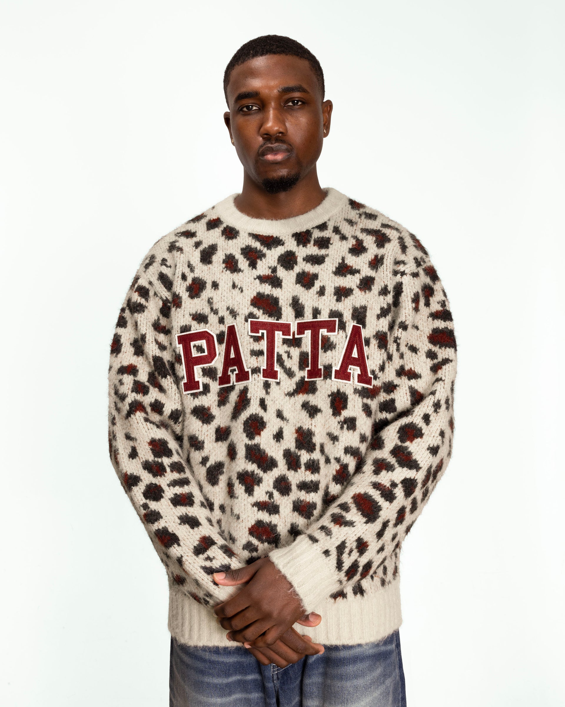 close up model shot of the  Leopard Brushed Knit