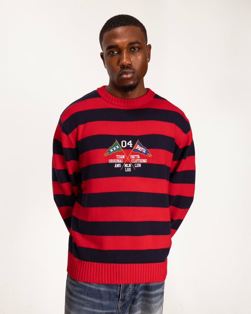 model shot close up of the striped flag knit