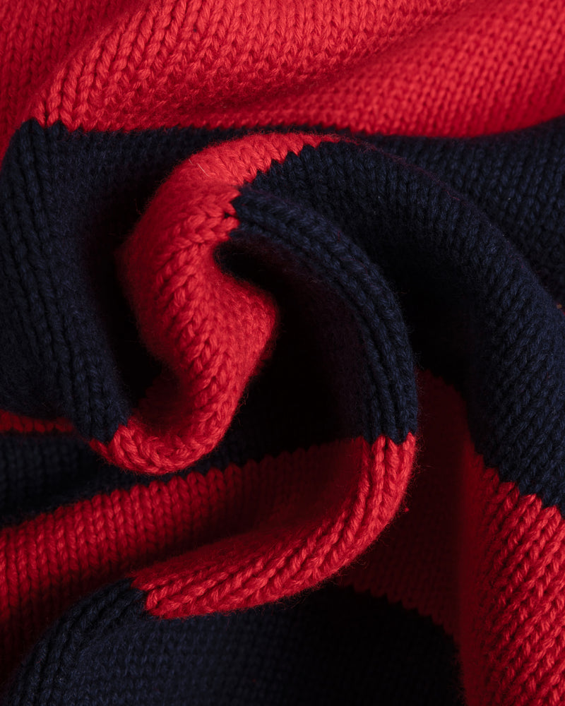 close up of the knitted fabric of the striped flag knit