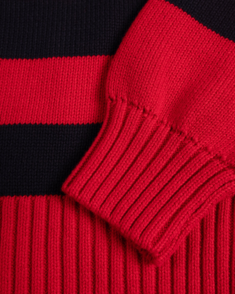 Close up shot of the ribbed cuffs and hem of the striped flag knit