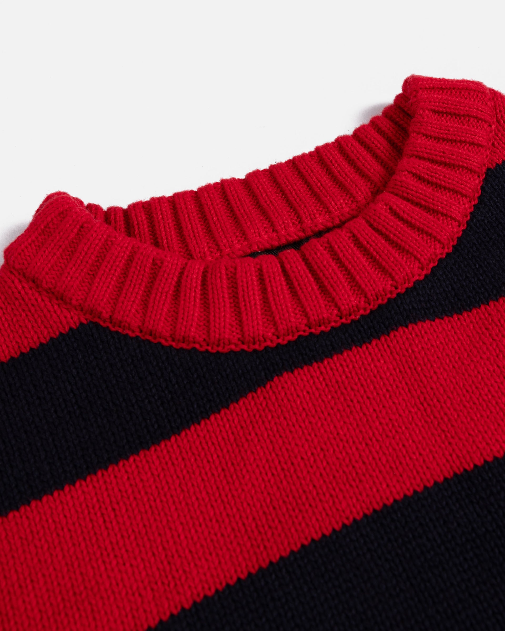 close up of the collar of the striped flag knit