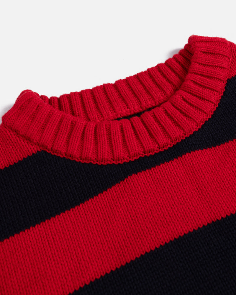 close up of the collar of the striped flag knit